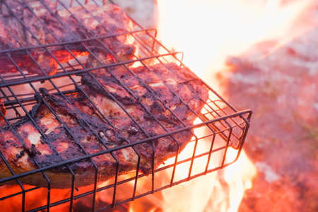 Cooking chicken meat over charcoal. Chicken meat fried with a crust on a wire rack during grill cooking. Backlight from a burning fire and smoke in the late evening.の写真素材