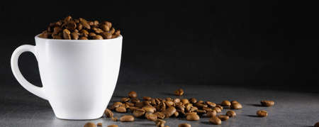 White cup with coffee beans. Gray stone background. Scattered coffee beans.の写真素材