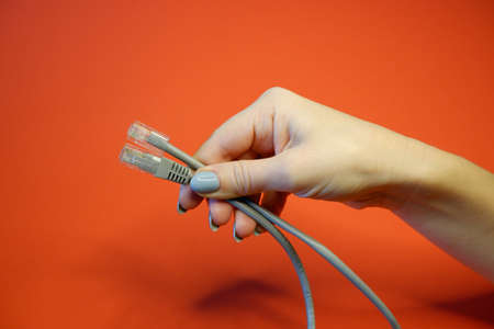 RJ45 network connector on a red background in well-groomed female hands