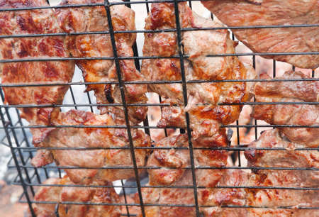 Delicious grilled pork meat in BBQ Barbecue with pork meat. Kebabs on the grill. Close-Up Of Meat On Barbecue Grill With Smoke.の写真素材