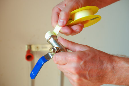 Replacement of the watering tap. The man plumber holds a new faucet in his hand and winds the sealing fum tape around the threads.の写真素材