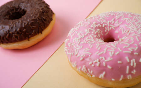 Food. Dessert colorful snack. Delicious donut with sprinkles. Bakery cake. Sweet food dessert donuts. Close-up of donuts (Berlin pancakes)の写真素材