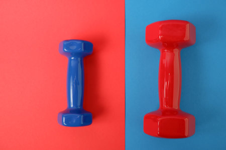 Red and blue dumbbells on an inverted background. High Angle View Of Dumbbellsの写真素材
