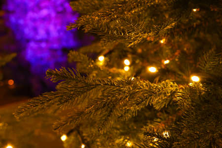 christmas background. Garland lights New Year's illumination on the Christmas tree. Abstract Blurred...