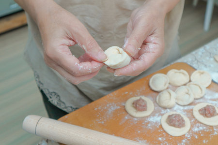 Raw homemade dumpling with meat in the hands of housewife. Making process of convenience food. raw doughの写真素材
