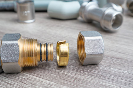 Plumbing concept fittings on wooden background. Plumbing equipment on table with copy space