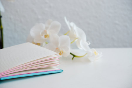 Paper note pad on white table with magnolia flowers. Holiday photography concept. Flower with open notebook on white tableの写真素材