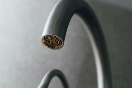Selective focus on hard water deposit. Dirty faucet aerator with limescale, calcified shower water tap with lime scale in the kitchen, close up. A heavily calcified faucetの写真素材