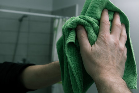 Cleaning and polish mirror with rag and spray in bathroom at home. Male hand cleaning and wiping the...