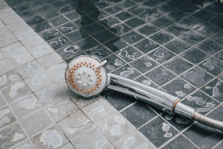 Silver shower head with limescales. Shower damaged from water scale. Hard water deposit all around...