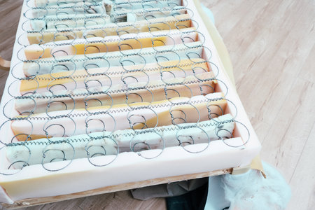 Man repairing a sofa. Sofa in the context of the inside, what is the mattress. Furniture repair shot. selective focus. DIY.の写真素材