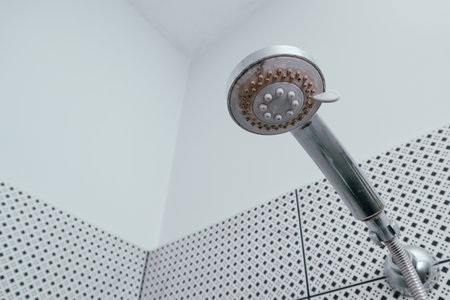 Silver shower head with limescales. Shower damaged from water scale. Hard water deposit all around the sprinklersの写真素材
