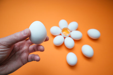The man takes a white egg from a cardboard bag with his hand. Man farmer holding eggsの写真素材