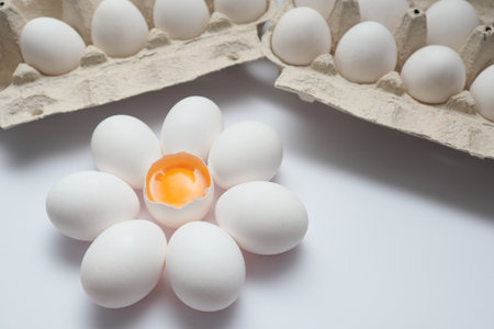 Flower shaped raw egg. Eggs in Egg Carton. Yolk, albumen, eggshell, open consumer carton pack mockup.の写真素材