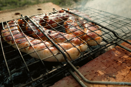 Delicious german sausages on the barbecue grill. barbecue grill at bbq party in summer garden....