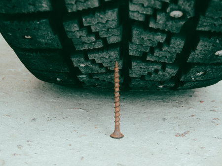 Sharp metal Screw on road nearly to puncture a car tire. Wheel puncture concept.の写真素材