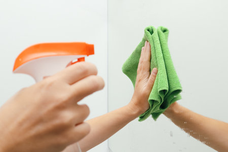 Wash mirror spray. woman cleans mirror in bathroom. Person using spray to clean mirror. Housekeeping, cleaning service. clean houseの写真素材