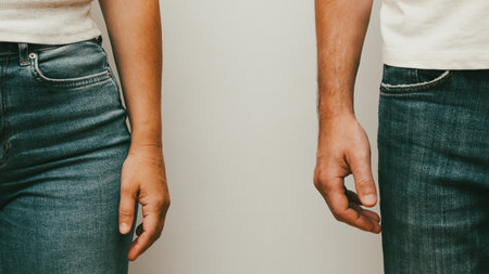 Young couple in jeans. Heterosexual couple hands. mid section. Close-up of man and woman hands stand...