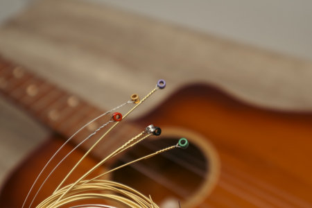 New acoustic guitar strings, pick on old guitar.の写真素材