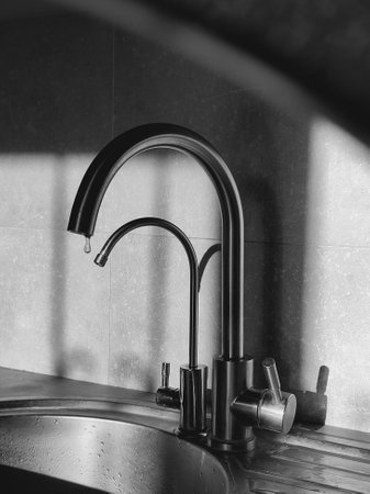 Dripping Faucet with Water Drop. Stainless steel, faucet with water drippingの写真素材