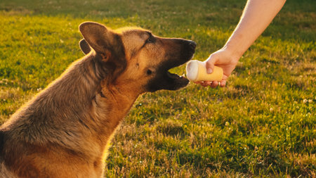 German shepherd dog eats Ice-cream in a waffle horn. Dog licking vanilla cone. Family, pet, animal and people. Selective focus of woman hand give a dog licking ice cream.の写真素材