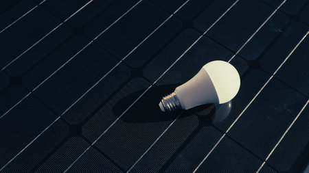 LED lamp bulb on the background of a solar panel. The concept of saving money, clean energy and green renewable energy. Space for text.の写真素材