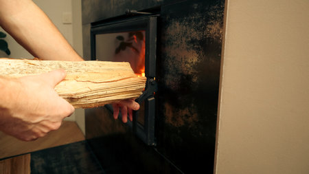 Heating home concept. Mans hand loading firewood into burning fireplace. Solid fuel and heating conceptの写真素材