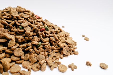 Dry cat food on a white background. Pile of dry cat foodの写真素材