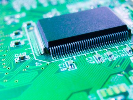 Closeup on electronic computer board. Electronic circuit board with processor microchips and other...