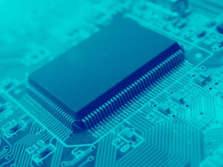 Closeup on electronic computer board. Electronic circuit board with processor microchips and other...
