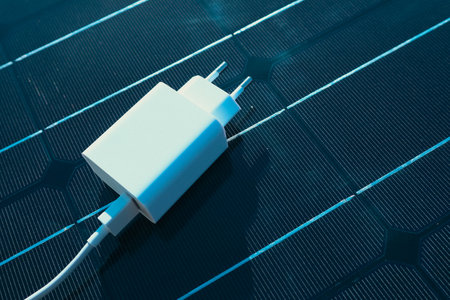 Concept of sustainable lifestyle and green renewable energy. Mobile Phone Chargers on Photovoltaic...