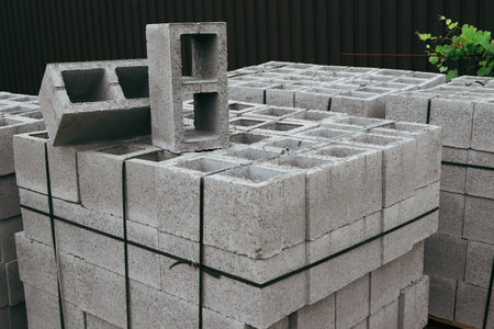 Hollow concrete wall blocks assembled on pallets. Finished products stacked on pallets on...