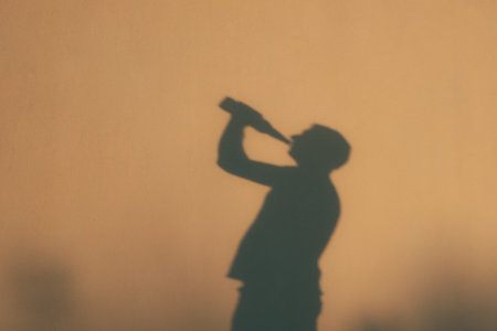 Shadow Silhouette during sunset. Copy space. Side view of adult man drinking beer from a glass bottle. Beer Addictionの写真素材