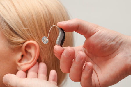 The hands of a male audiologist trying on a hearing aid on a woman's ear. Helping technologies for people with disabilities, closeupの写真素材