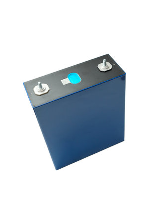 Lithium Iron Phosphate LiFePO4 blue prismatic cell for an electric vehicle battery isolated on white. Prismatic battery, LFP cell. Sustainable Energy Solutionsの写真素材