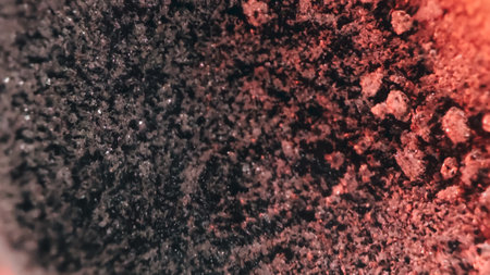 Close up of frost pattern. Colored Ice crystals or cold winter background. Abstract frosty pattern on glass, background textureの写真素材