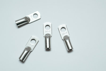 Crimp terminals for electrical wires, tools for electricians. electrical terminal, electronic work on white. Wire connectors.の写真素材