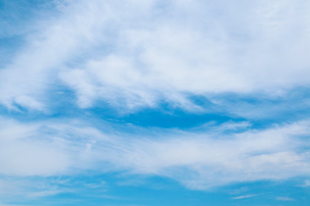 White clouds against blue sky background. Blue sky with cirrus clouds panorama. Cirrus Cloudscapesの写真素材