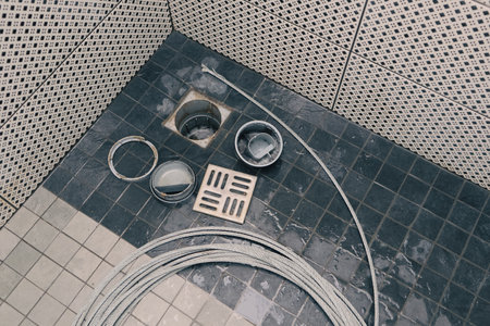 Sewer cleaning. Cleaning the sewer with a cable. Plumber using a drain snake to unclog the shower. Plumbers extracting snake tool.の写真素材