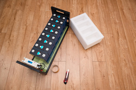 DIY lifepo4 battery. Assembling a homemade lithium battery for a solar backup power station. Homemade of accumulator, battery production.の写真素材
