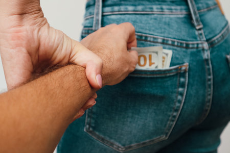 Money in the pocket. Concept finance with Bundle of dollars. Human hand taking money from jeans pocket.の写真素材