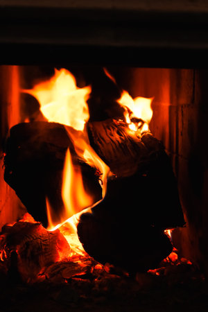 Firewood and fire in the stove.. Burning Fire. Flames and fire from burning wood.の写真素材