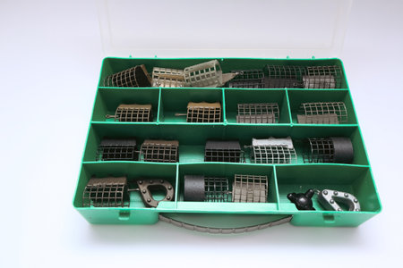 Close-up of different fishing tackle. fishing tackle on a white. Selective focusの写真素材