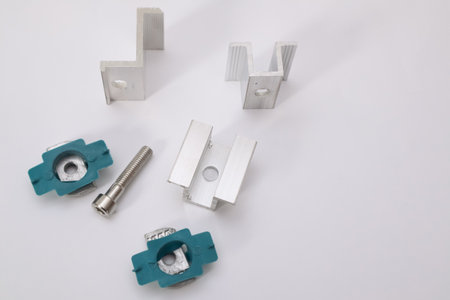 Mounting Clamp of Solar panel. Solar Panel Mounting. Alternative and renewable energy concept.の写真素材