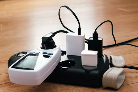 Electrical plug in outlet socket at home. Electrical equipment, electrical wires and power strips in the house. Power extension cord in use. Earth Hour saving electrical energy.の写真素材