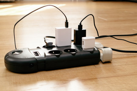 Electrical plug in outlet socket at home. Electrical equipment, electrical wires and power strips in the house. Power extension cord in use. Earth Hour saving electrical energy.の写真素材