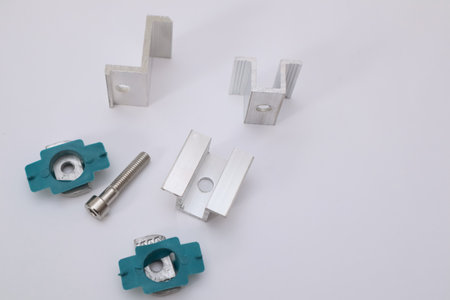 Mounting Clamp of Solar panel. Solar Panel Mounting. Alternative and renewable energy concept.の写真素材
