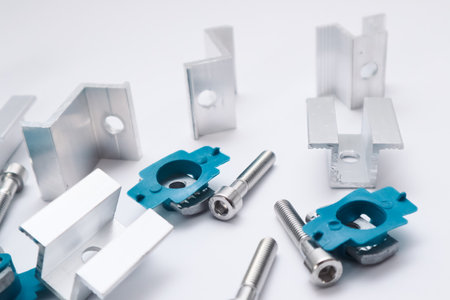 Solar panel fasteners. Clamps, bolts. Photovoltaic structure. Installation of Renewable Energy...