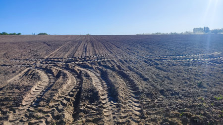 Sowing on agricultural field in spring. A plowed south field in spring. Agricultural landscape near a farm, a plowed field in the countryside.の写真素材
