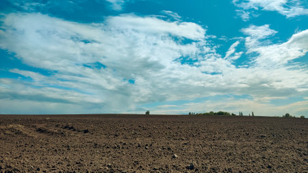 Sowing on agricultural field in spring. A plowed south field in spring. Agricultural landscape near a farm, a plowed field in the countryside.の写真素材
